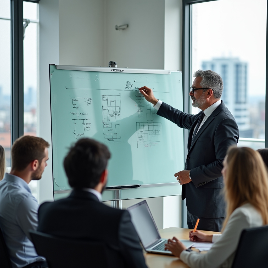 Manager prezentând strategia echipei în sala de conferințe